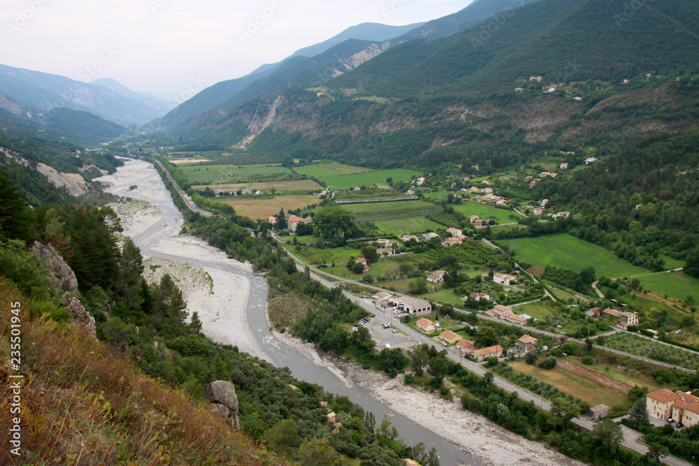 Valley of Var river, view from the castle in Entrevaux, France