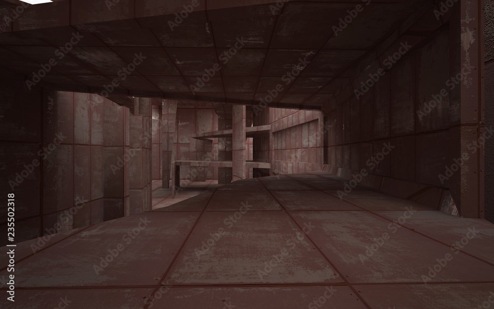 Empty abstract room interior of sheets rusted metal. Architectural background. 3D illustration and rendering Empty abstract room interior of sheets rusted metal. Architectural background. 3D illustration and rendering