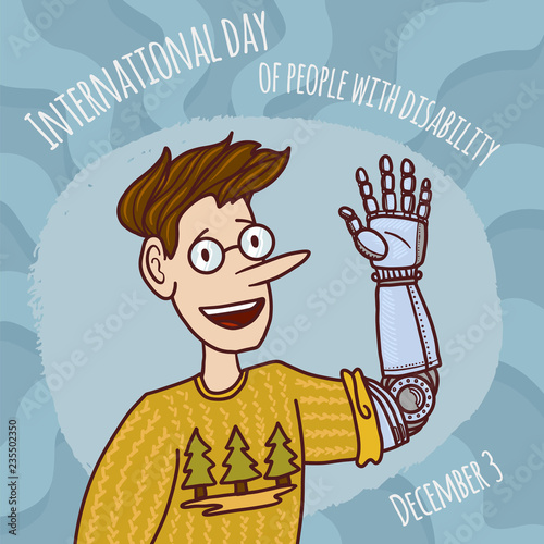 World disability day man prosthesis hand concept background. Hand drawn illustration of world disability day man prosthesis hand vector concept background for web design