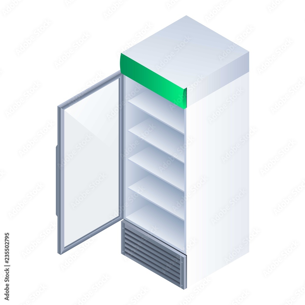 Open drink fridge icon. Isometric of open drink fridge vector icon for web design isolated on white background Open drink fridge icon. Isometric of open drink fridge vector icon for web design isolated on white background