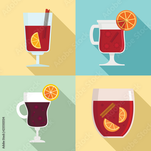 Mulled wine icon set. Flat set of mulled wine vector icons for web design