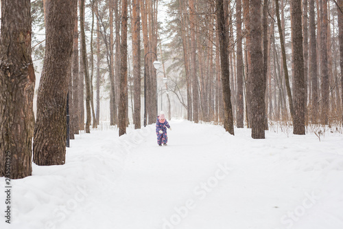 Childhood and nature concept - Adorable child playing in winter park