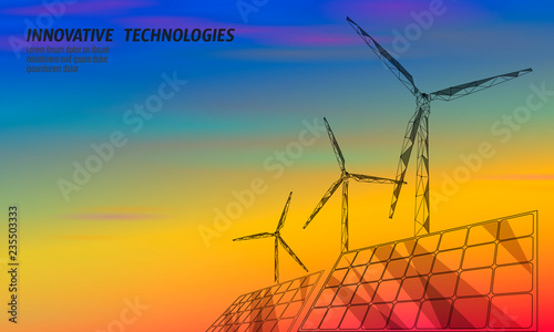 Solar panels windmills turbine generating electricity. Green ecology saving environment. Renewable power low poly polygonal geometric colorful sunset red orange blue sky design vector illustration