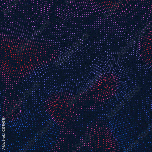 Vector colorful field visualization of forces. Magnetic or gravitational fluctuations chart. Science backdrop with a matrix of arows with magnitude and direction. Flow representation. Interaction.