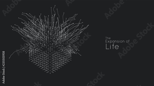 Expansion of life. Vector cube explosion background. Small particles strive out of center. Blurred debrises into rays or lines under high speed of motion. Burst, explosion backdrop.