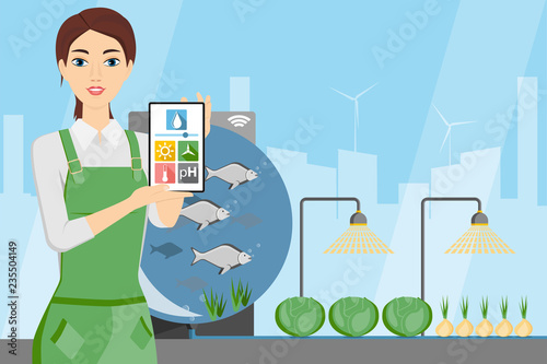 Woman farmer with digital tablet. Growing plants in the greenhouse with aquaponics system. Vector illustration.