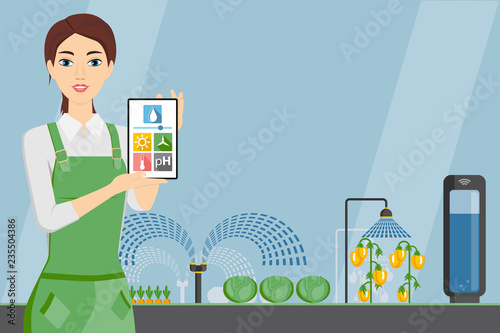 Woman farmer with tablet in a modern greenhouse. Internet of things in agriculture. Smart farm with wireless control. Vector illustration.