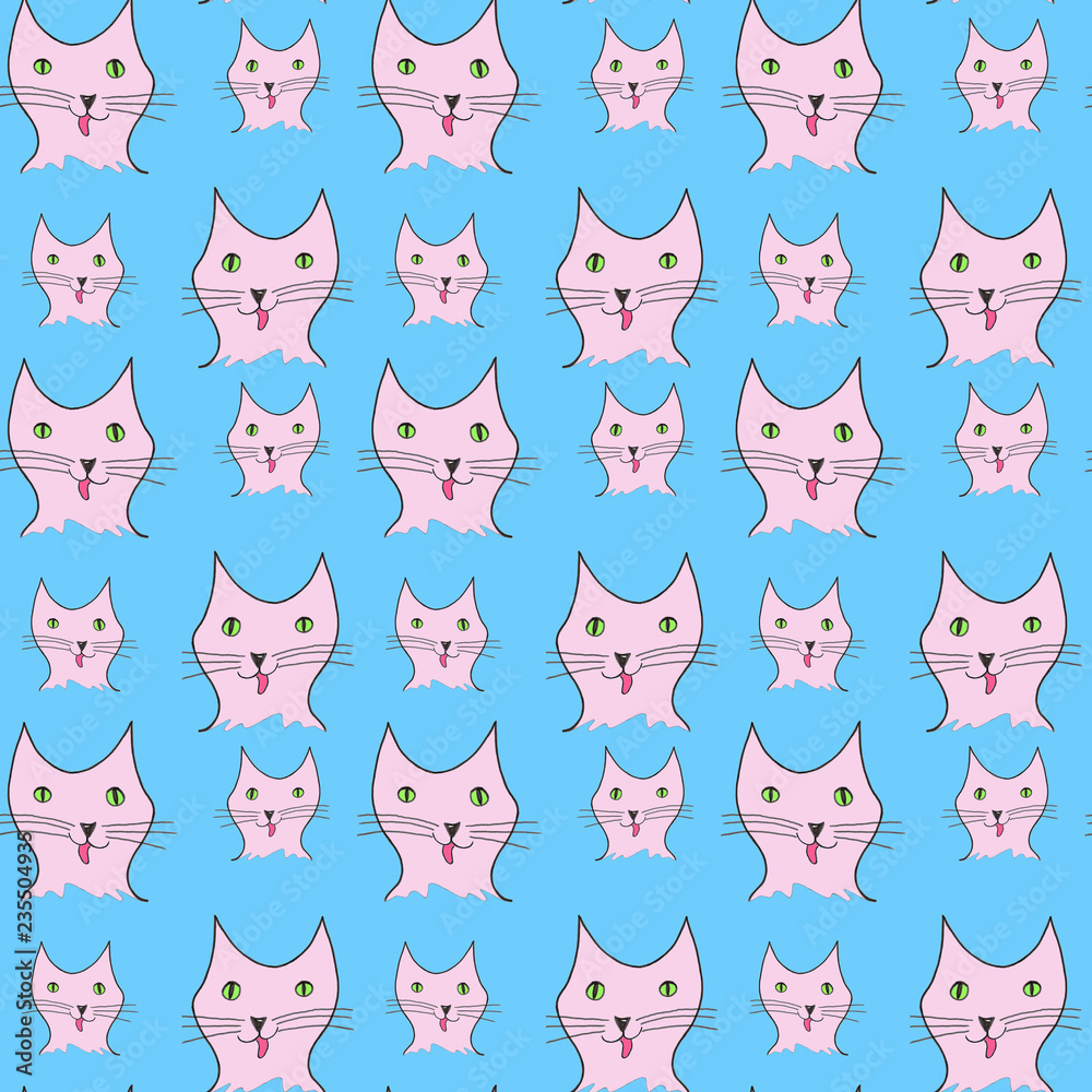 Geschenkpapier, Tapete, Hintergrund, Vorlage nahtloses Muster, seamless pattern, lustige Katzen strecken die Zungen heraus, pink auf blau,  Illustration von Kathrin Schwertner 
