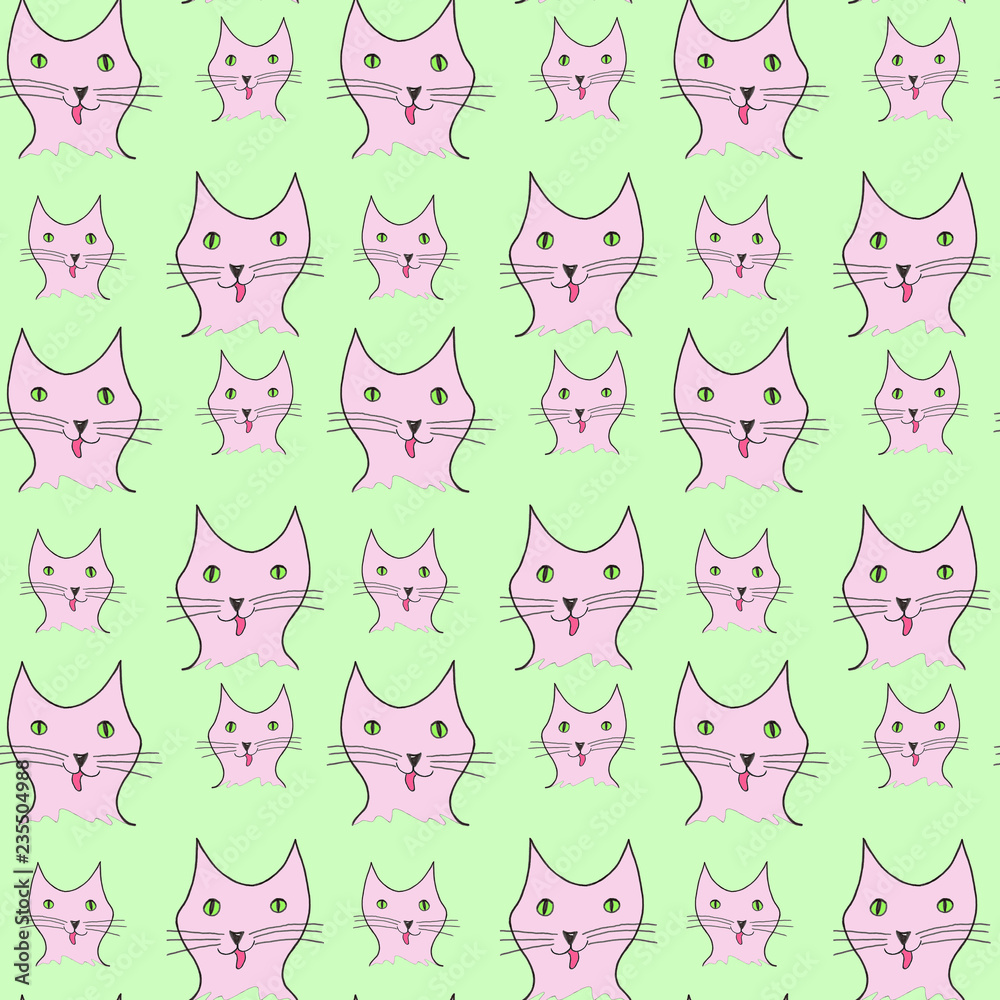 Geschenkpapier, Tapete, Hintergrund, Vorlage nahtloses Muster, seamless pattern, lustige Katzen strecken die Zungen heraus, pink auf grün,  Illustration von Kathrin Schwertner 
