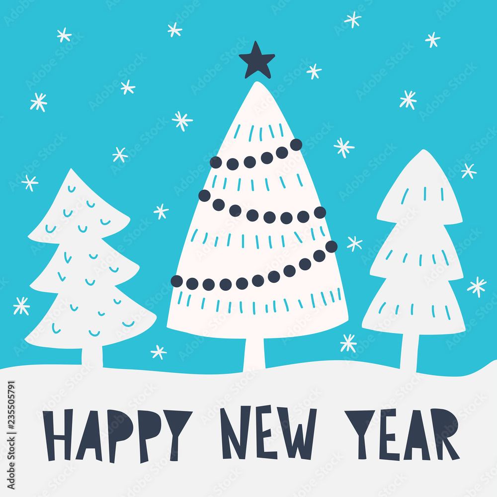 Happy New Year card with tree and lettering. Vector christmas template for design. Concept winter illustration. Happy New Year card with tree and lettering. Vector christmas template for design. Concept winter illustration.