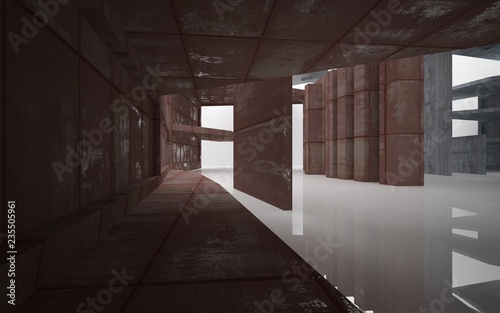 Empty abstract room interior of sheets rusted metal and gray concrete. Architectural background. 3D illustration and rendering