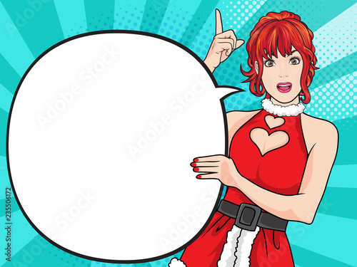 Cute santa woman showing with comic bubble