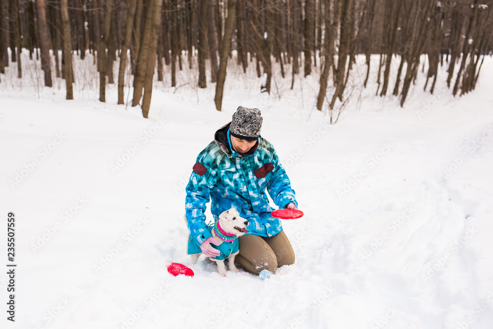 Jack Russell Terrier dog with owner woman playing in the winter outdoors.