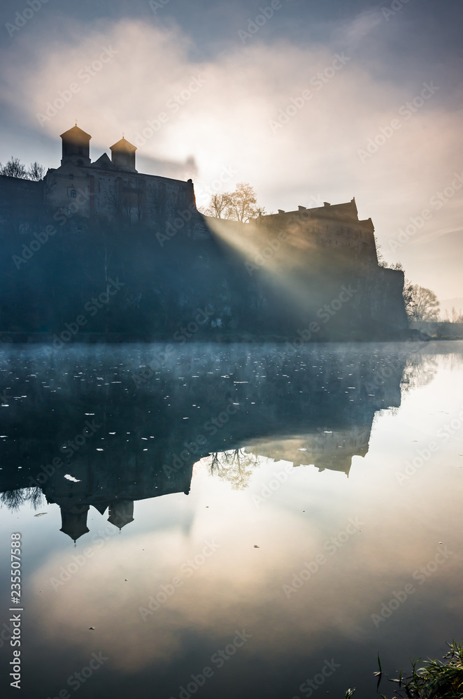 Krakow, Poland, abbey in Tyniec misty sunrise Krakow, Poland, abbey in Tyniec misty sunrise