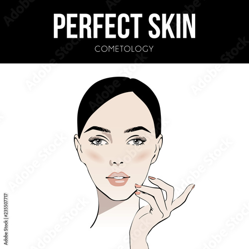 Beautiful woman face hand drawn vector illustration. Stylish graphics portrait with beautiful young attractive girl model with hand. Cosmetology. Perfect skin. Beauty spa concept. Sketch drawing