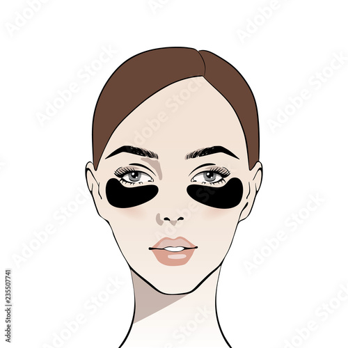 Woman with black eye patch. Beauty treatment. Skin care routine. Beautiful young woman face. Fashion woman. Stylish portrait beautiful young girl model. Sketch. Vector illustration. Spa beauty concept