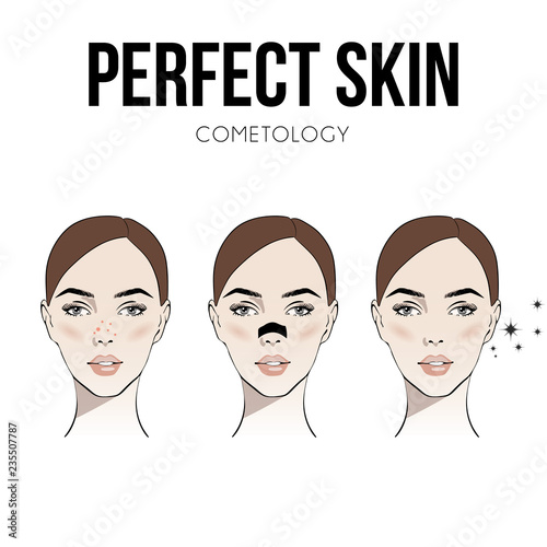 Woman with Nose pack. Blackheads on Nose. Girl take care of her face. Blackheads treatment procedure with blackhead patch. Vector illustration for instructions. Fashion, beauty. Sketch drawing