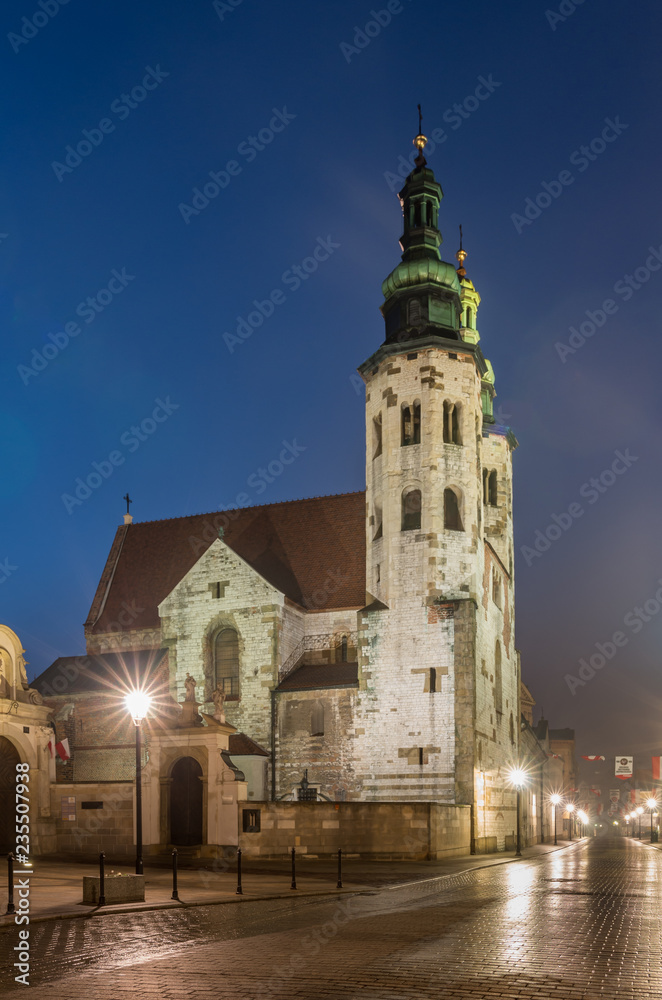 St Andrew church on Grodzka street in Krakow, Poland, illuminated in the night