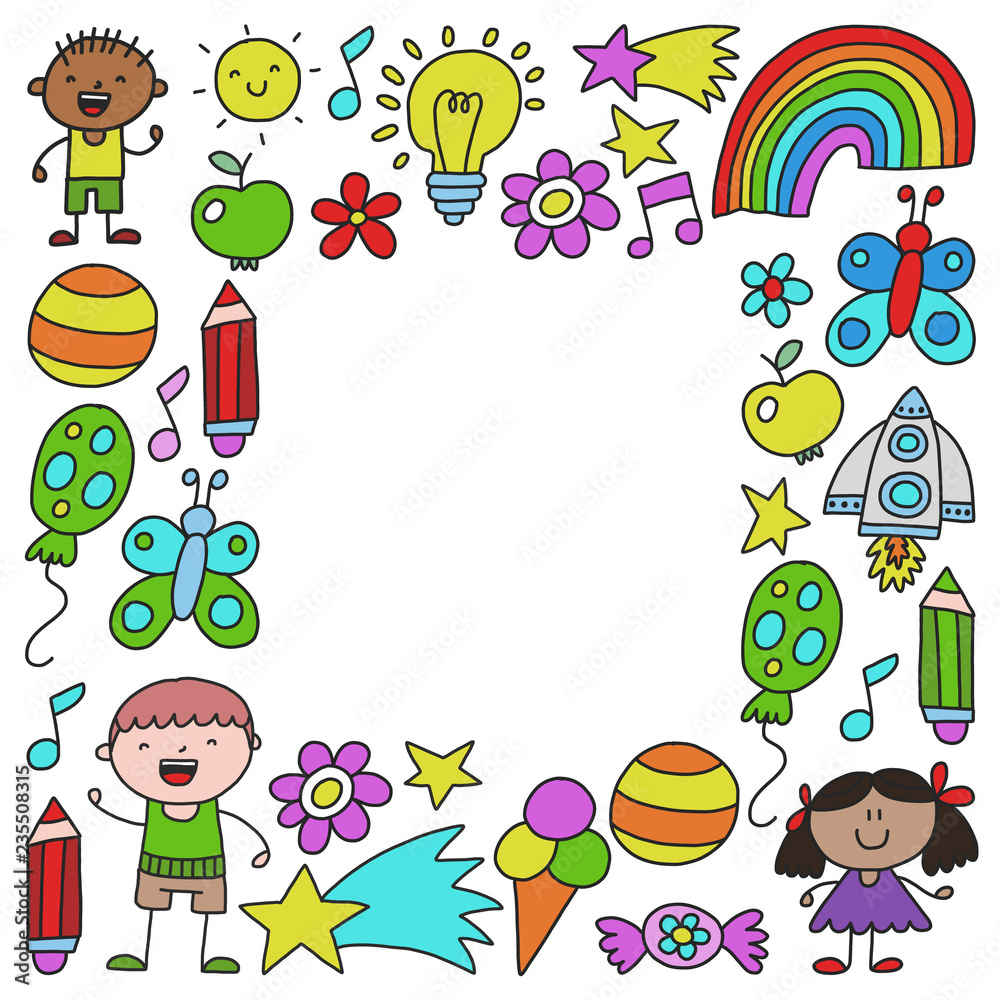 Children garden, Patern, Hand drawn children garden elements pattern, doodle illustration, Vector, illustration, Vertical Children garden, Patern, Hand drawn children garden elements pattern, doodle illustration, Vector, illustration, Vertical
