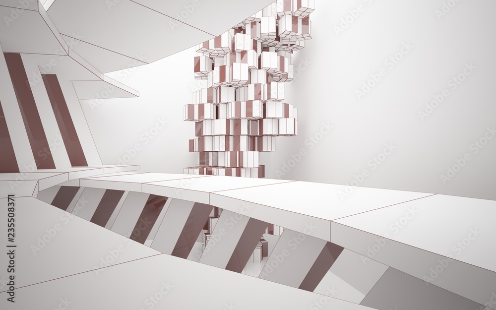 Obraz premium Abstract white interior highlights future with glossy lines. Polygon colored drawing. Architectural background. 3D illustration and rendering