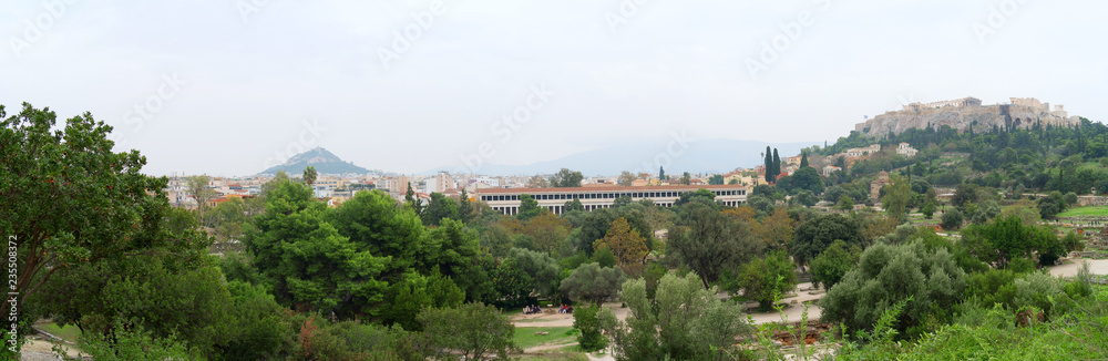Stoa of Attalos and Acropolis Hill in Athens, Greece