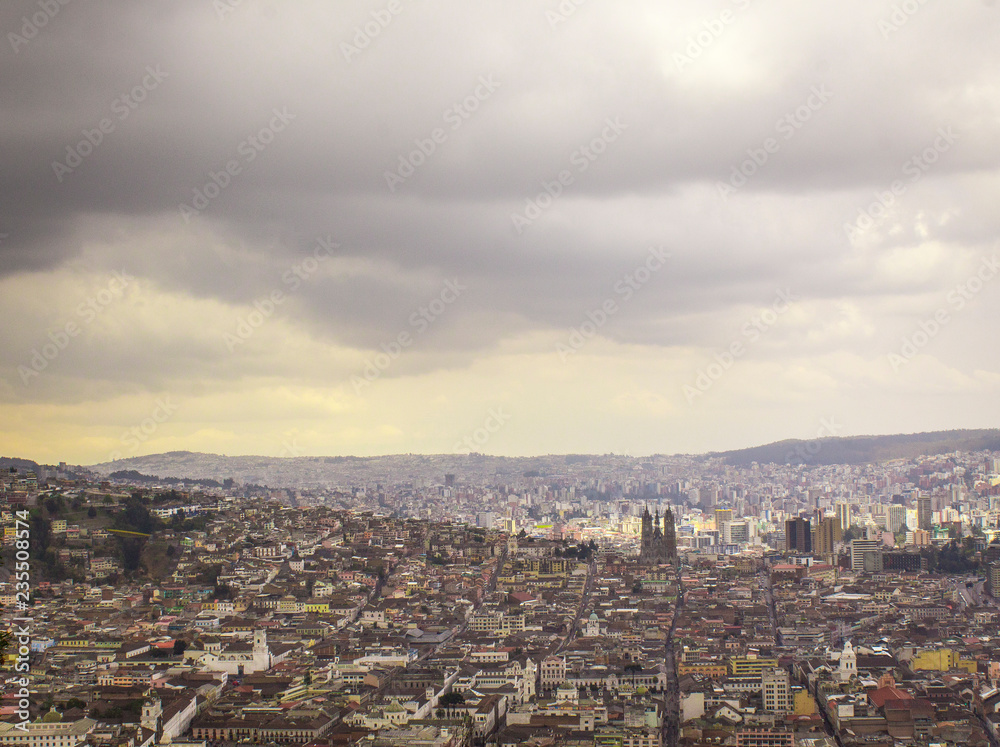 Aerial view of the colonial sector of the city of Quito in Ecuador, next to the Pichincha volcano