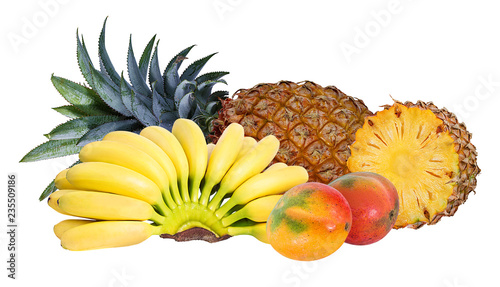 Pineapple  banana and mango isolated on white background with clipping path