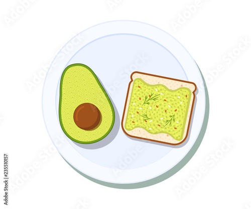Avocado toast with half of a avocado on a plate. Breakfast and healthy lifestyle. Top view. Vector illustration