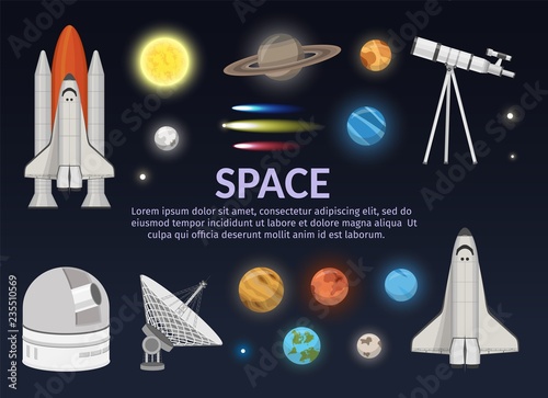 Big set of Solar system Space Shuttle Illustration and astronomy observatory the science background objects