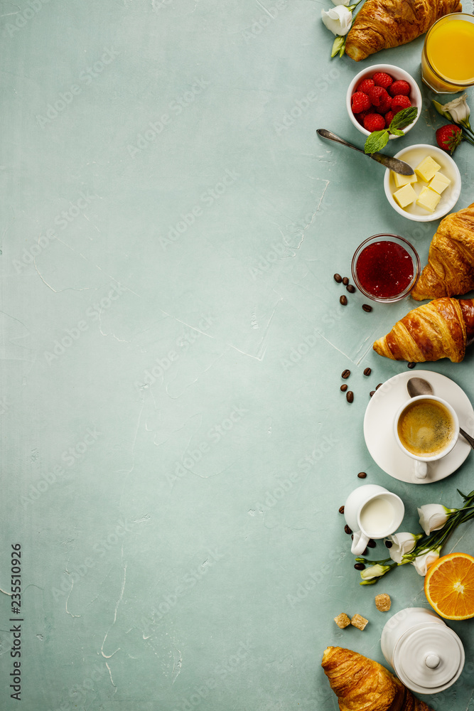 Continental breakfast captured from above - space for text - obrazy, fototapety, plakaty 