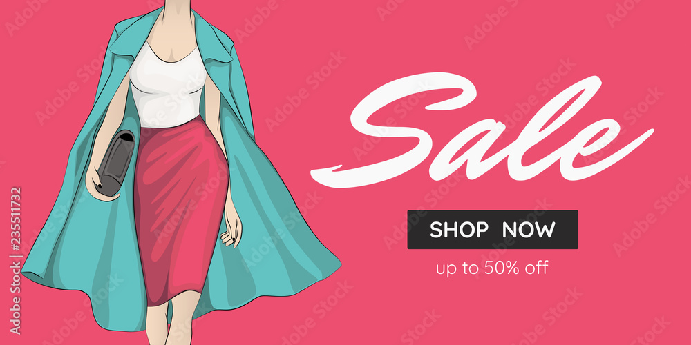 Fashion sale banner with woman fashion outfit, online shopping social  media, voucher or web template with beautiful woman. Pink background.  Vector illustration. Stock Vector | Adobe Stock