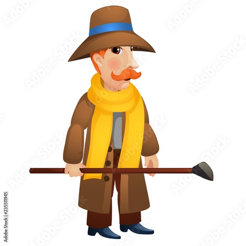 A man in a coat and hat holding a stick in his hands isolated on white background. Vector cartoon close-up illustration.