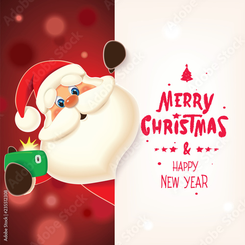 Santa Claus taking selfie next to textual Christmas signboard isolated on a sparkle red background