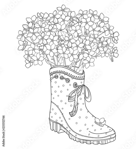 Vector bouquet with outline Forget me not or Myosotis flower bunch, bud and leaf in rubber boot in black isolated on white background. Contour wildflower Forget me not for spring coloring book.