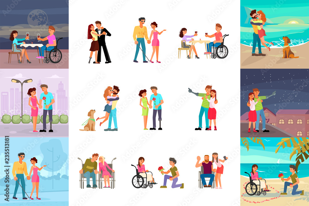 Big set of different types of romantic relationships of disabled people