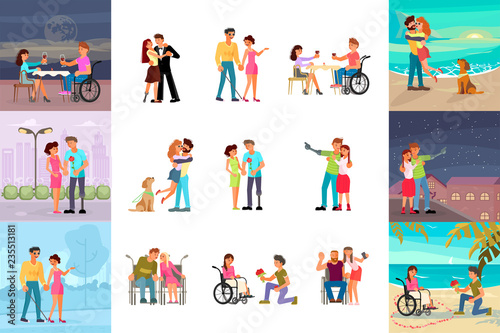 Big set of different types of romantic relationships of disabled people