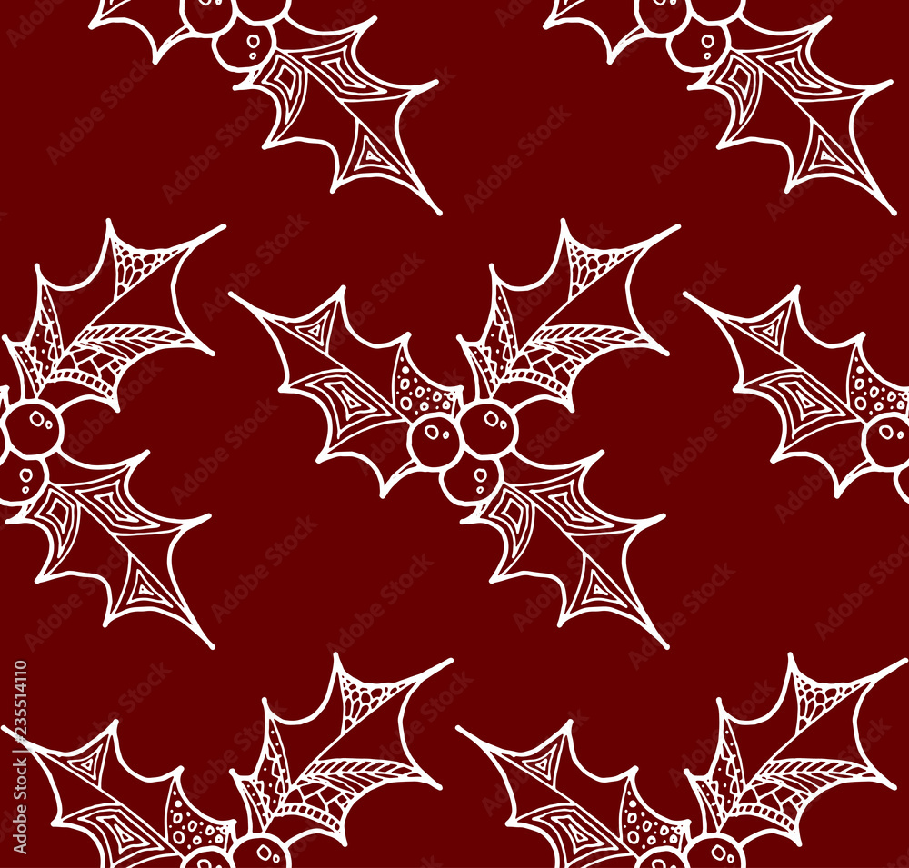 Vector seamless pattern of Christmas decorative symbol -  holly. Christmas hand drawn texture of white holly on red background