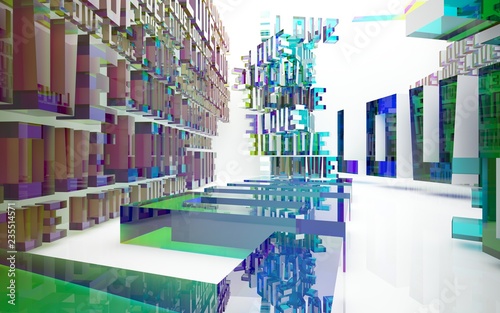 Abstract dynamic interior with  statue of  word  love  and  colored glass lines. 3D illustration and rendering