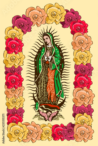 Virgin of Guadalupe, color Roses Vector illustration	