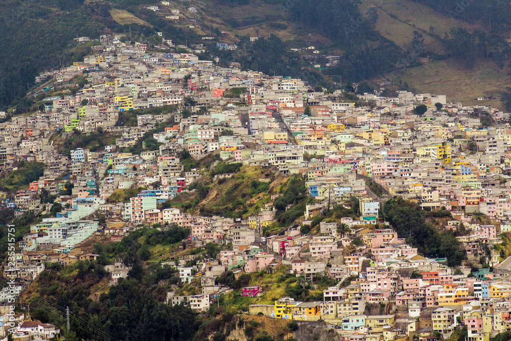 Aerial view of the colonial sector of the city of Quito in Ecuador, next to the Pichincha volcano