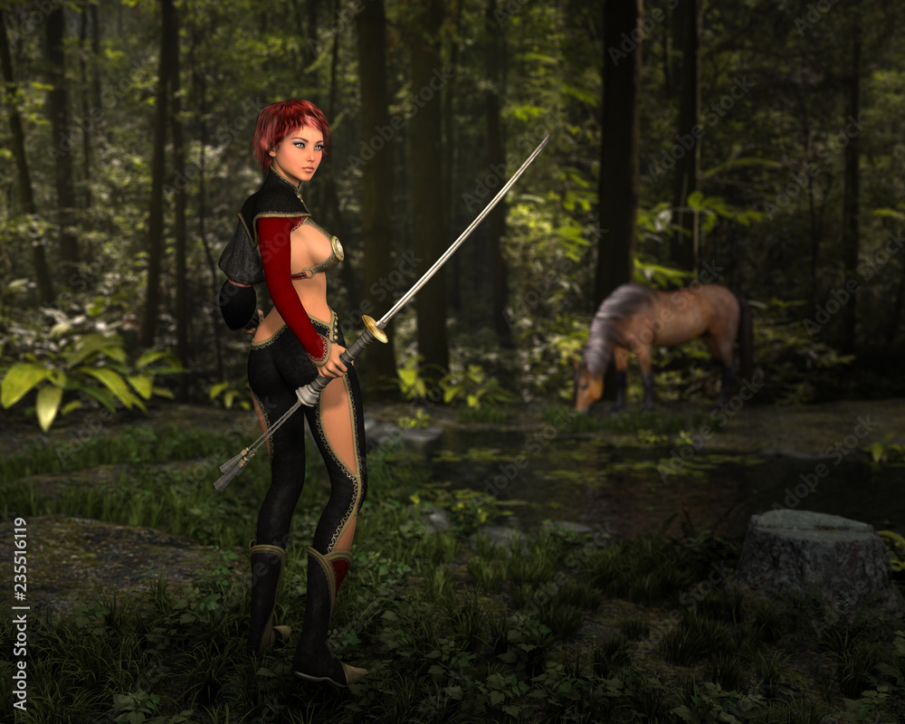 Woman warrior with katana weapon in hand, looking back. Horse in background. 3D rendering.
