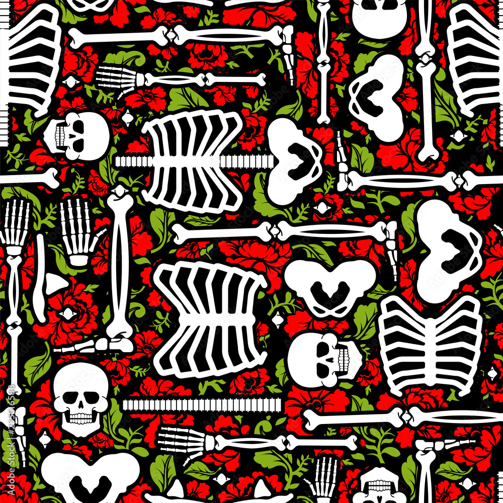 Bones and flowers pattern seamless. Skeleton Skull and roses background. Death and love texture