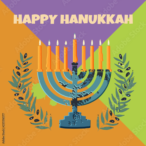 Jewish traditional holiday Hannukah. Greeting card with menorah and text Happy Hanukkah.