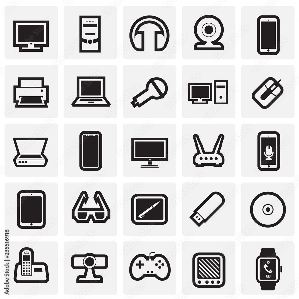 Cool gadgets and electronic devices set on squares background icons Cool gadgets and electronic devices set on squares background icons