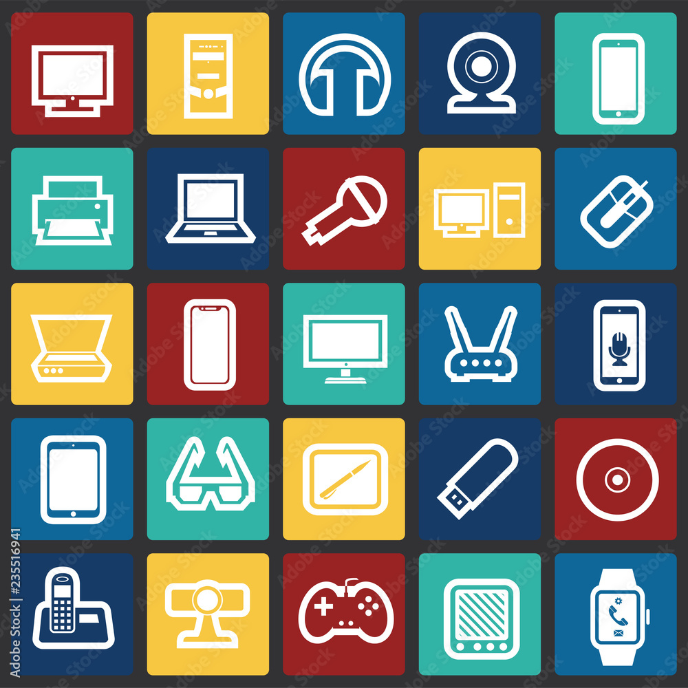 Cool gadgets and electronic devices set on color squares background icons Cool gadgets and electronic devices set on color squares background icons