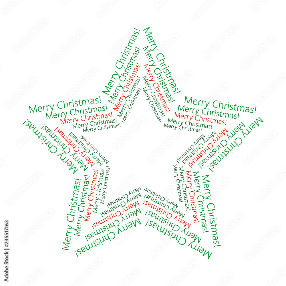 Christmas Star Made of Text Merry Christmas. Vector Christmas Text decoration isolated on white background. Christmas star for design, card, invitation, print.