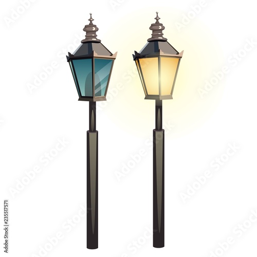 Set of vintage street lights isolated on white background. Vector cartoon close-up illustration.