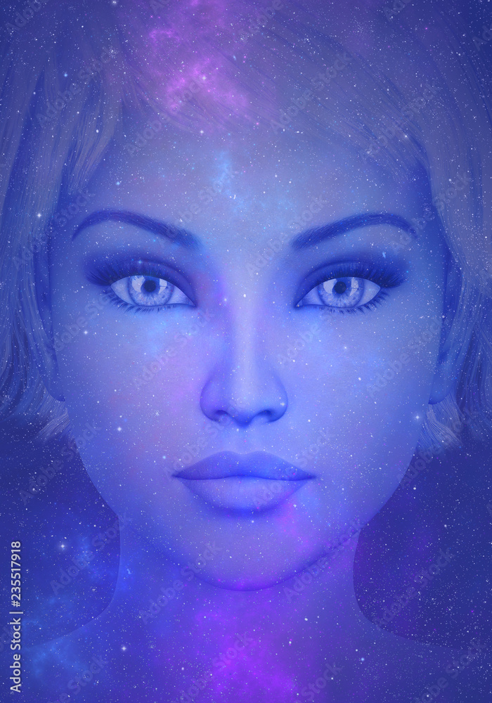 Womans face in outer space and stars. 3D rendering.