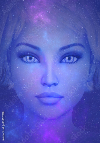 Womans face in outer space and stars. 3D rendering.