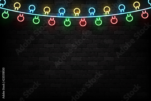 Vector realistic isolated neon sign of Christmas fairy lights frame logo for template decoration and layout covering on the wall background. Concept of Happy New Year and Merry Christmas.